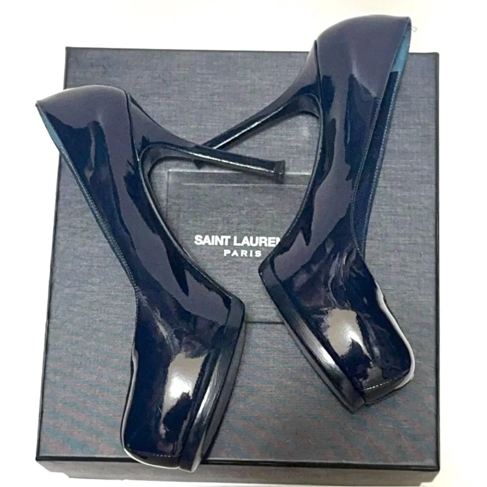 SAINT LAURENT Tribtoo 80 Patent Navy Blue Leather Heel Round Toe Pumps Size 40 - Picture 4 of 16